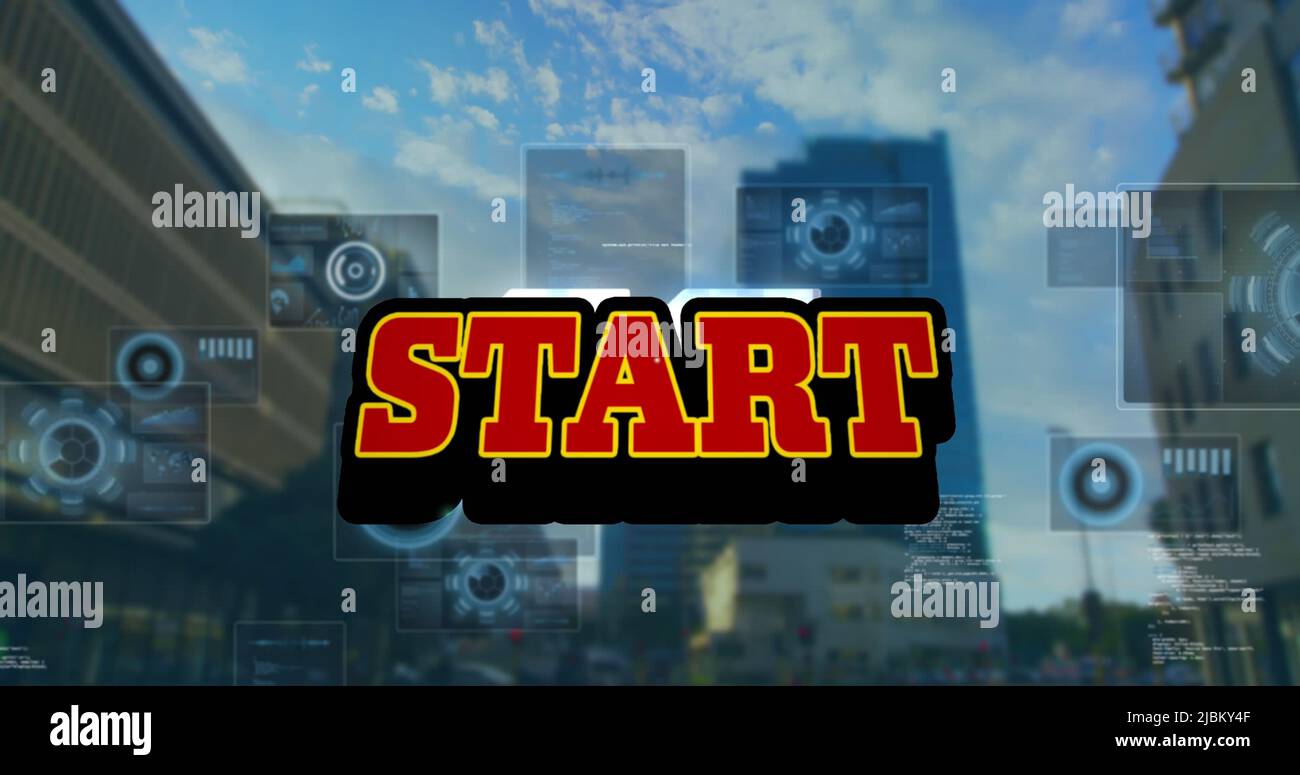 Image of start text and data processing over cityscape Stock Photo