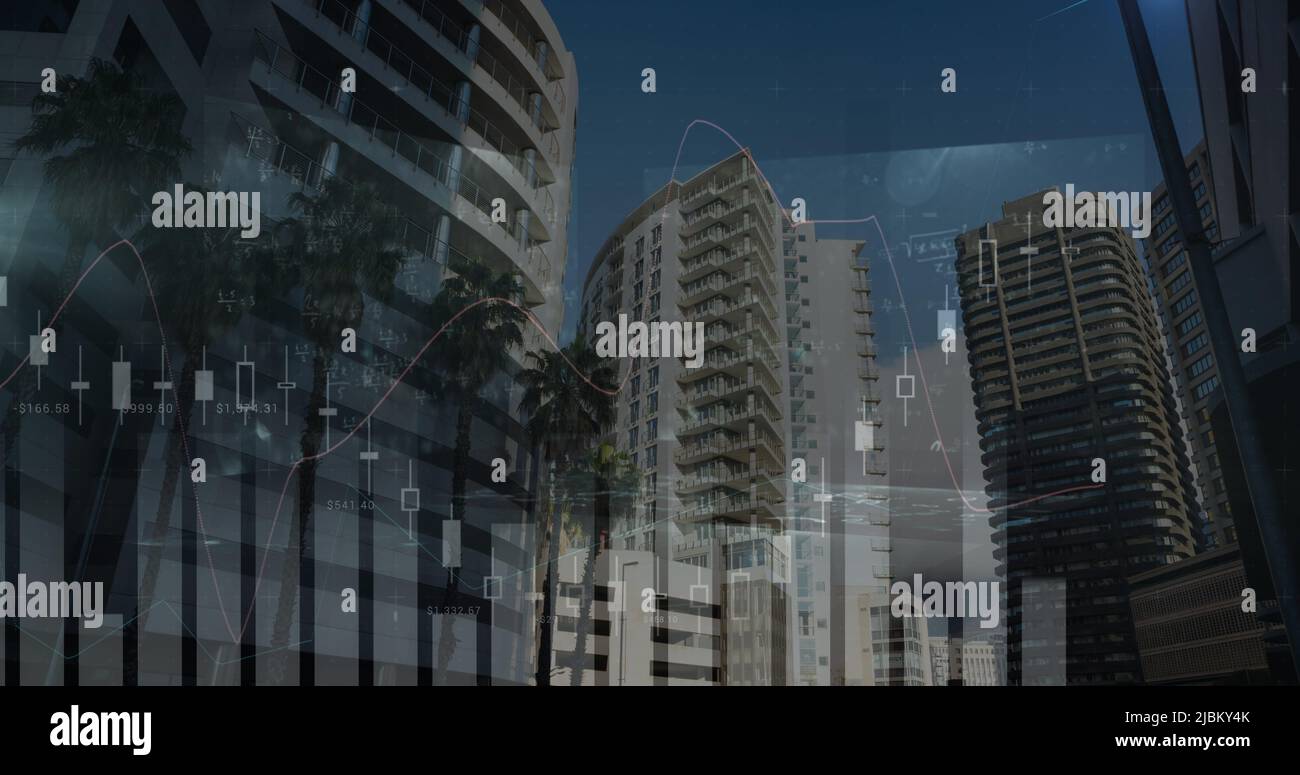 Image of statistics processing and mathematical equations over cityscape Stock Photo