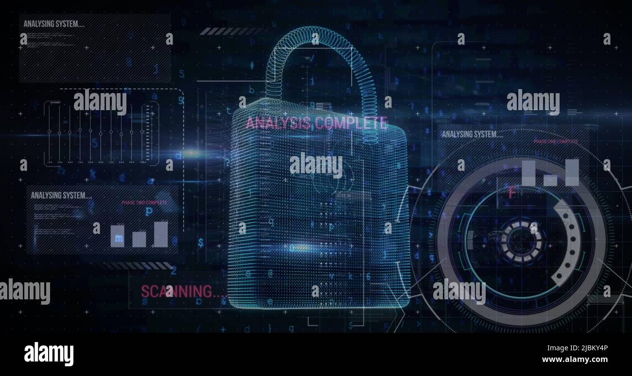 Image of security padlock and data processing over navy background ...