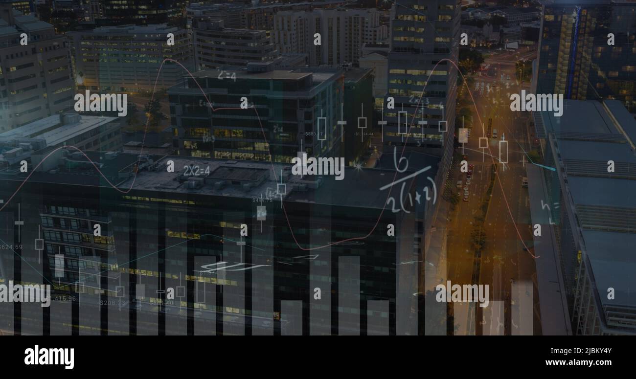 Image of statistics processing and mathematical equations over cityscape Stock Photo