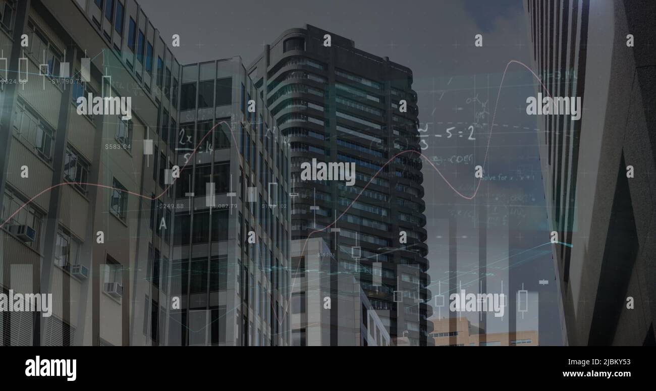 Image of statistics processing and mathematical equations over cityscape Stock Photo