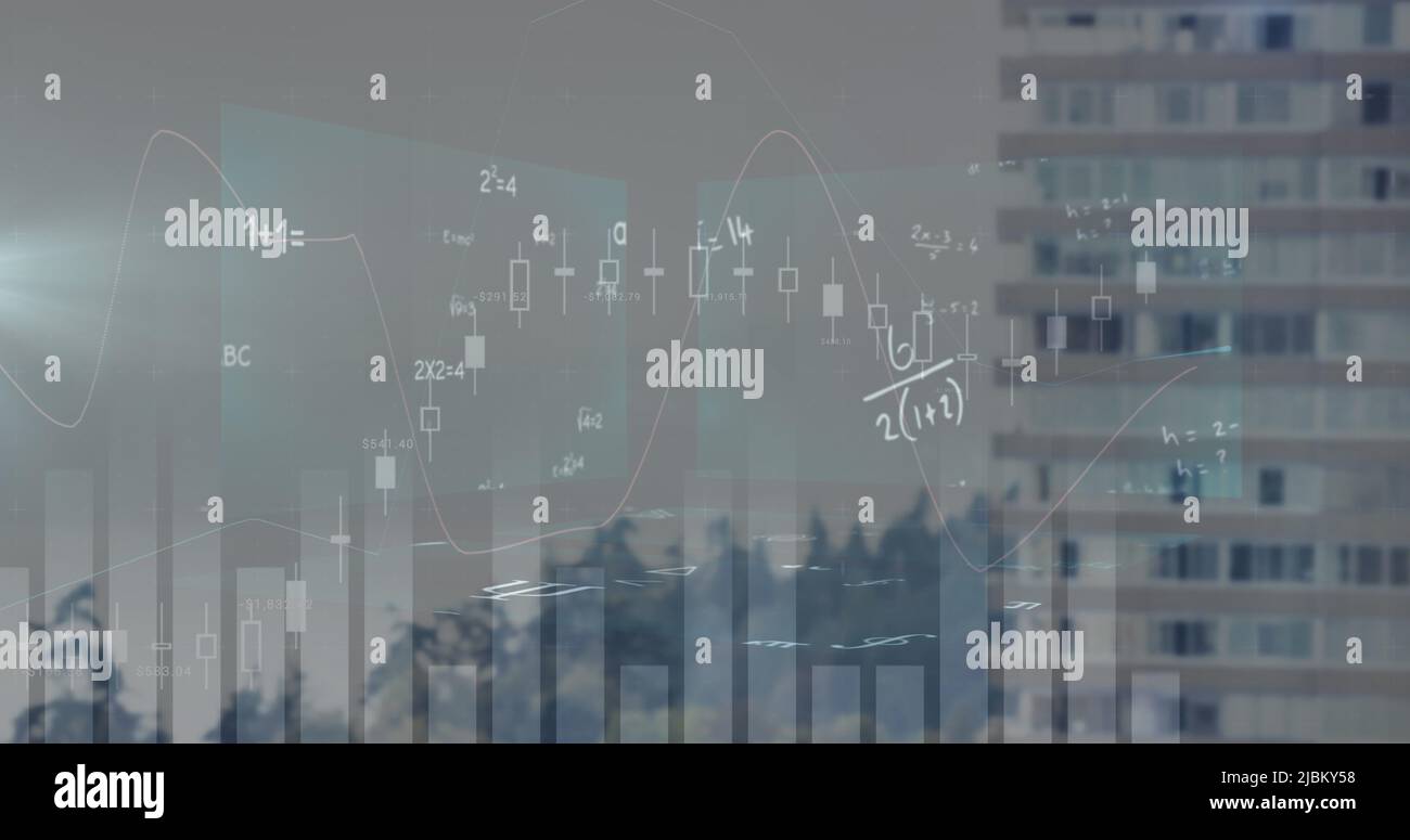 Image of statistics processing and mathematical equations over cityscape Stock Photo