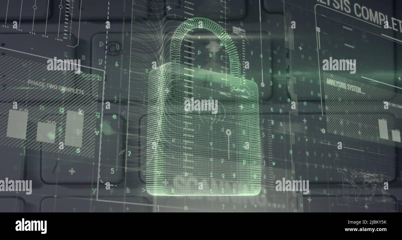 Image of security padlock and data processing over navy background ...