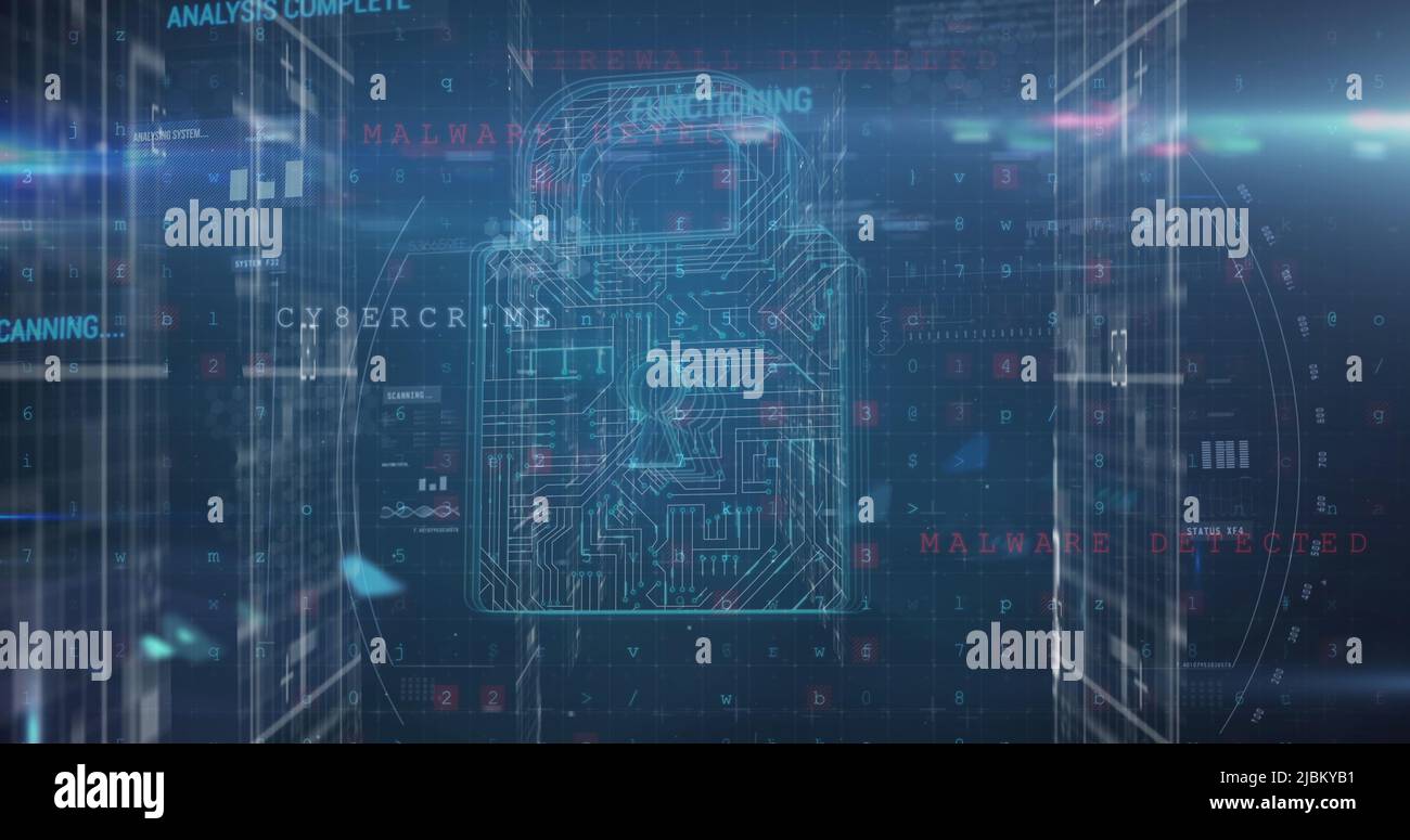 Image of online security padlock and data processing over scope Stock Photo