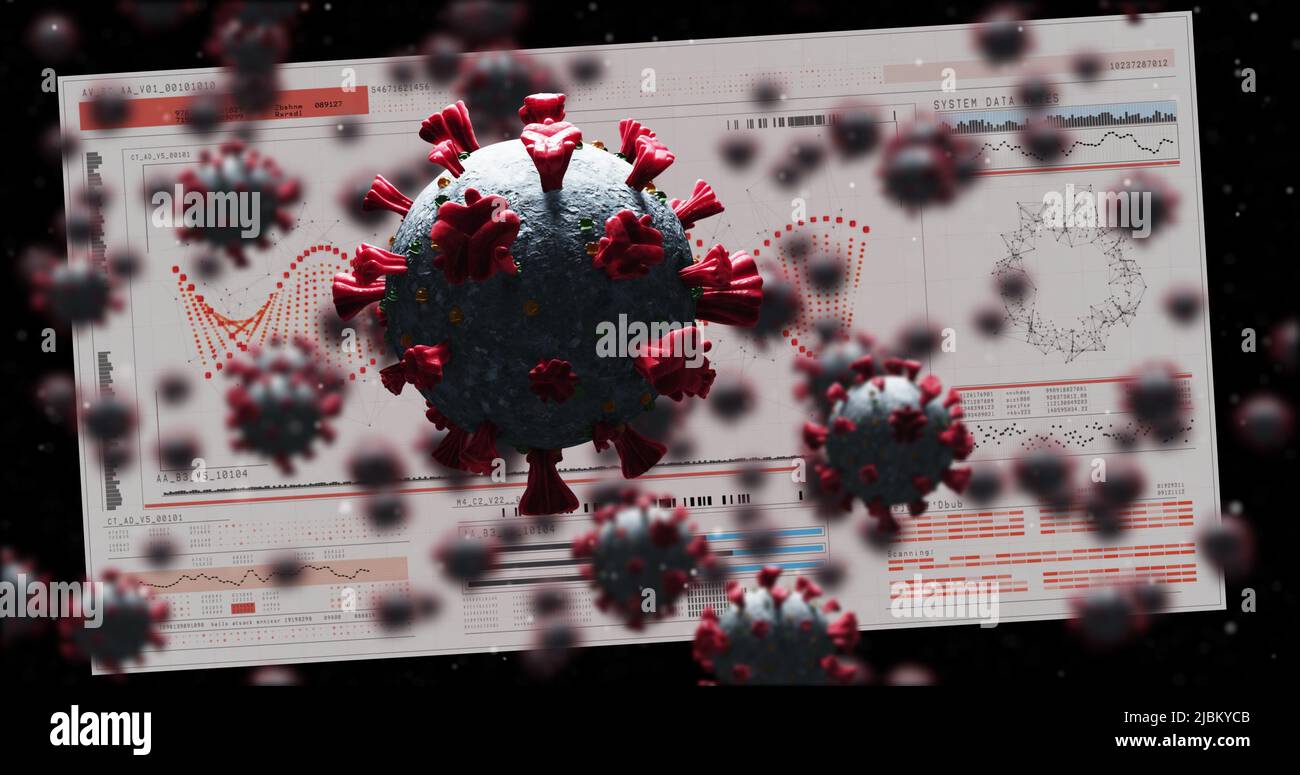 Image of virus cells over medical data processing Stock Photo