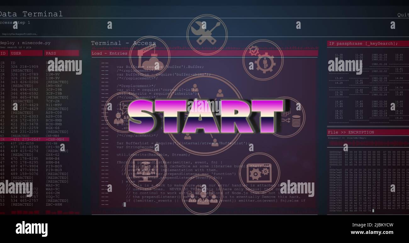 Image of start text and data processing on black background Stock Photo