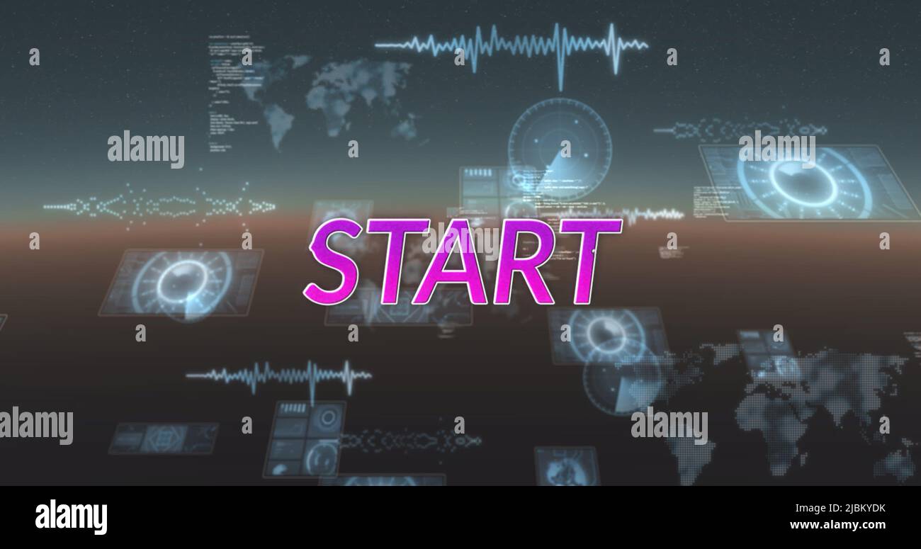 Image of start text and data processing on black background Stock Photo