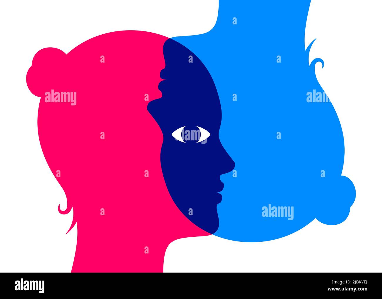 Two overlapping woman heads, looking through each other, upside down, with one shared eye. Point of view, psychological concept vector illustration. Stock Vector