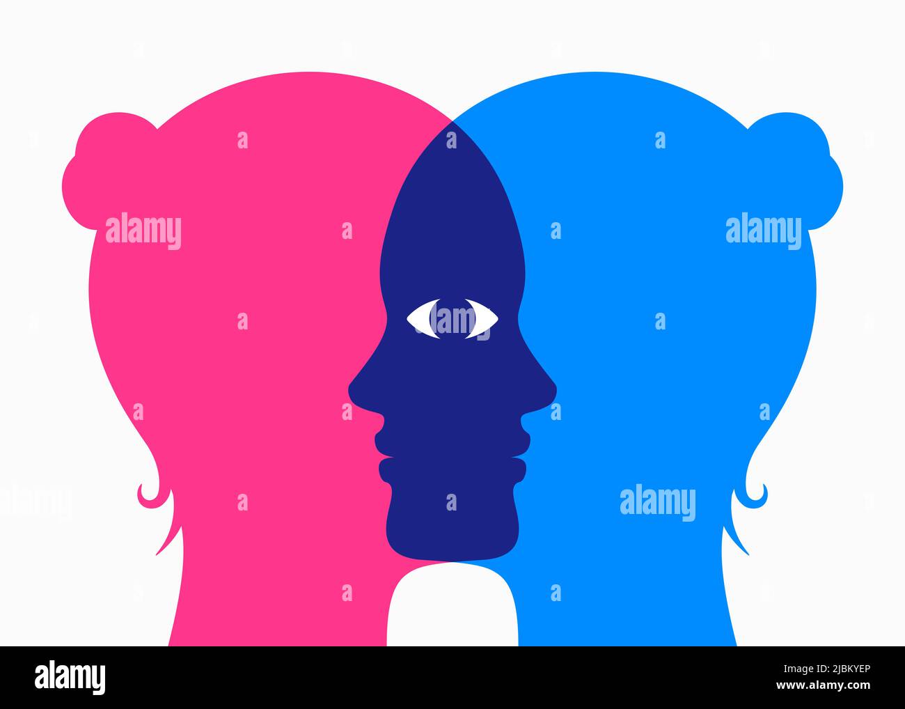 Two overlapping woman faces, looking through each other with one shared eye. Female psychology concept vector illustration. Stock Vector