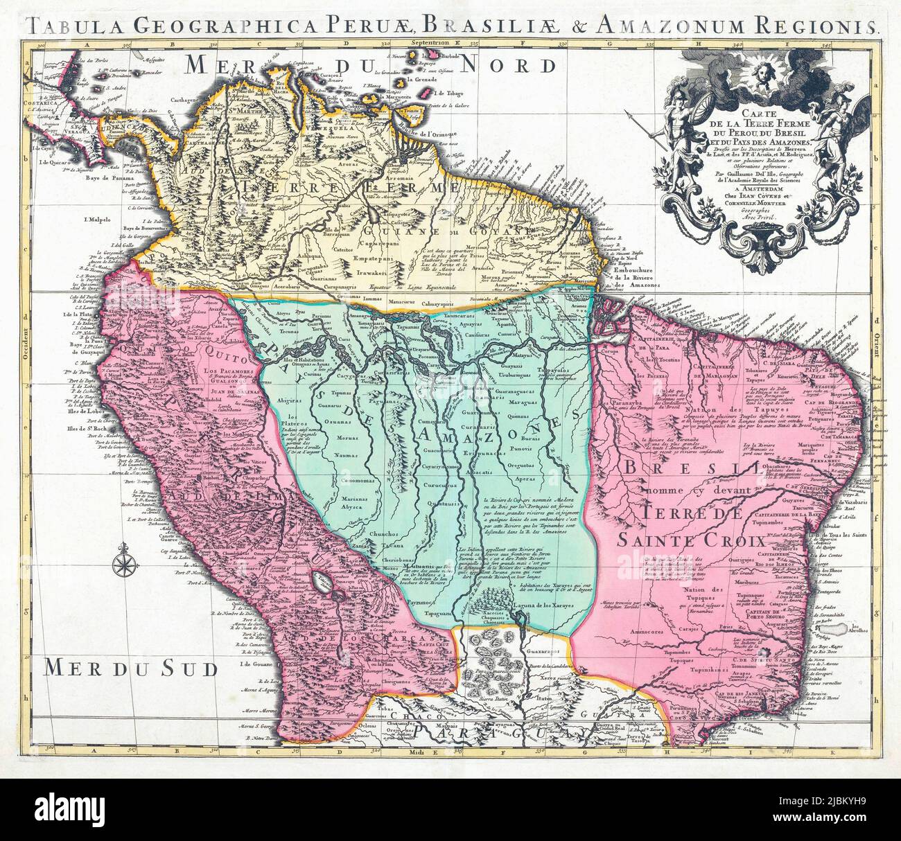 Tabula Geographica Peruae, Brasiliae & Amazonum Regionis.  A Map of Peru, Brazil and the Amazon Regions.  After the map published circa 1830 by Guillaume de L'Isle. Stock Photo