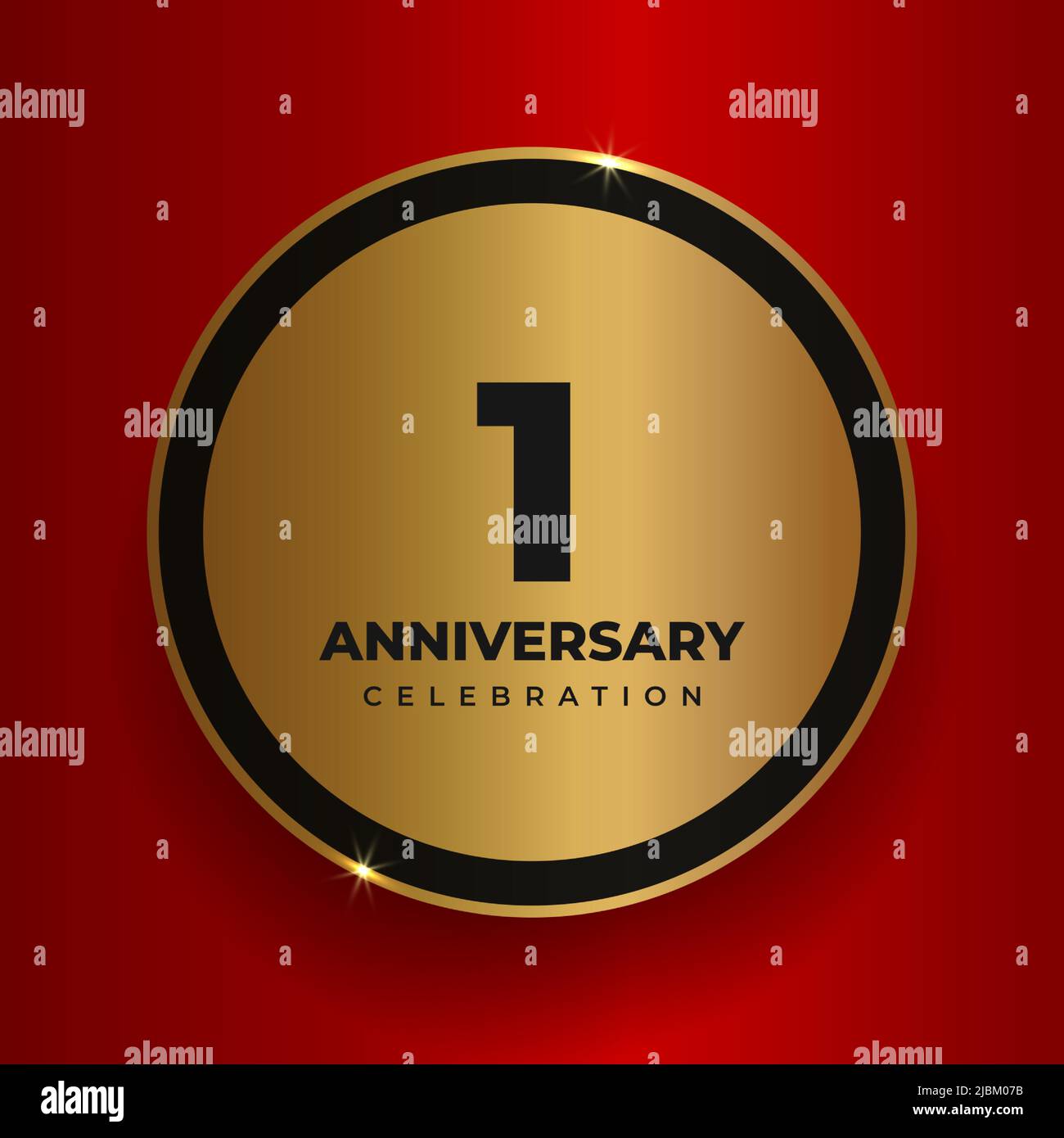 1st year anniversary celebration background. Celebrating 1st anniversary event party poster template. Vector golden circle with numbers and text on Stock Vector