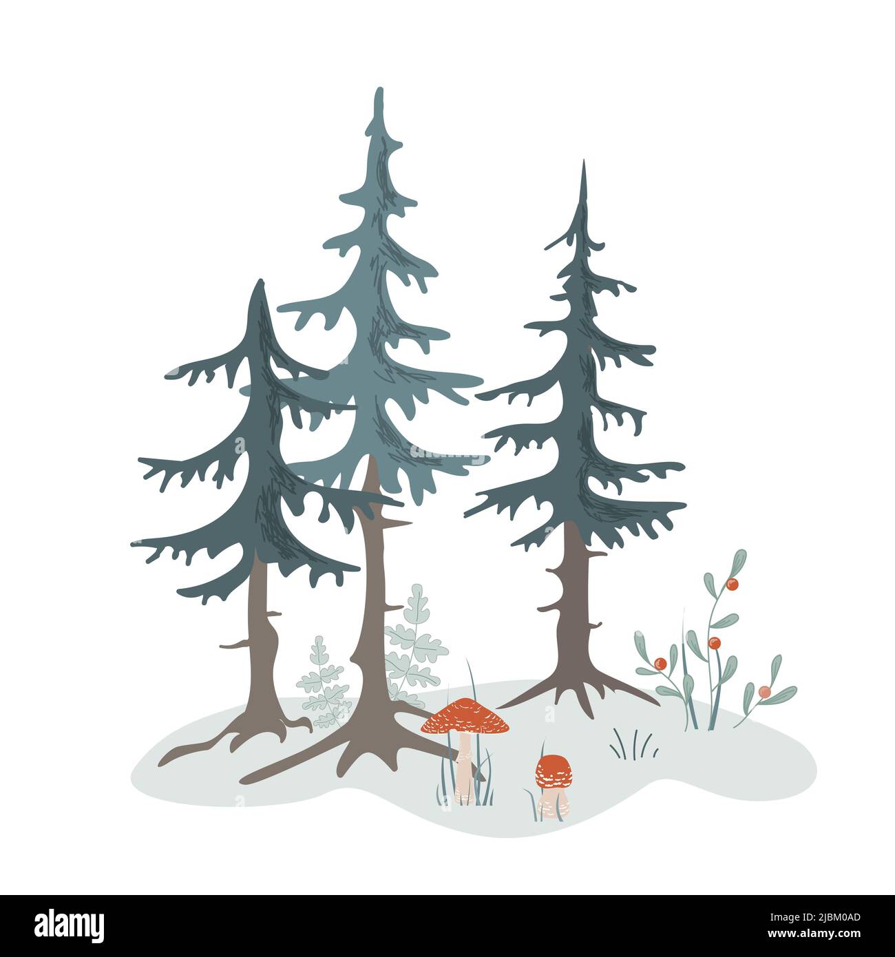 Forest composition. Fir trees, herbs, and mushrooms. Design for kids cards, forest card invitation, prints. Banner decor design vector illustration. Stock Vector