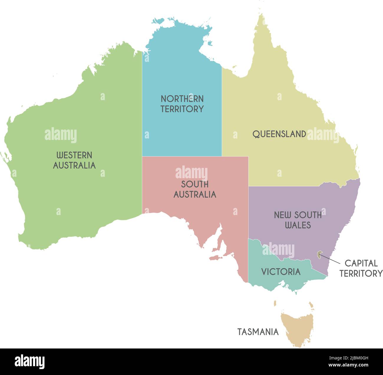 Vector map of Australia with regions or territories and administrative divisions. Editable and clearly labeled layers. Stock Vector