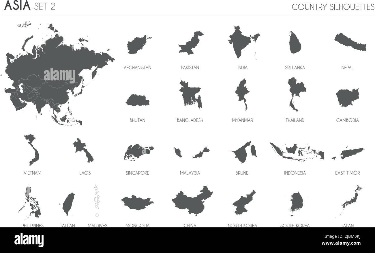 Set of 25 high detailed silhouette maps of Asian Countries and territories, and map of Asia vector illustration. Stock Vector