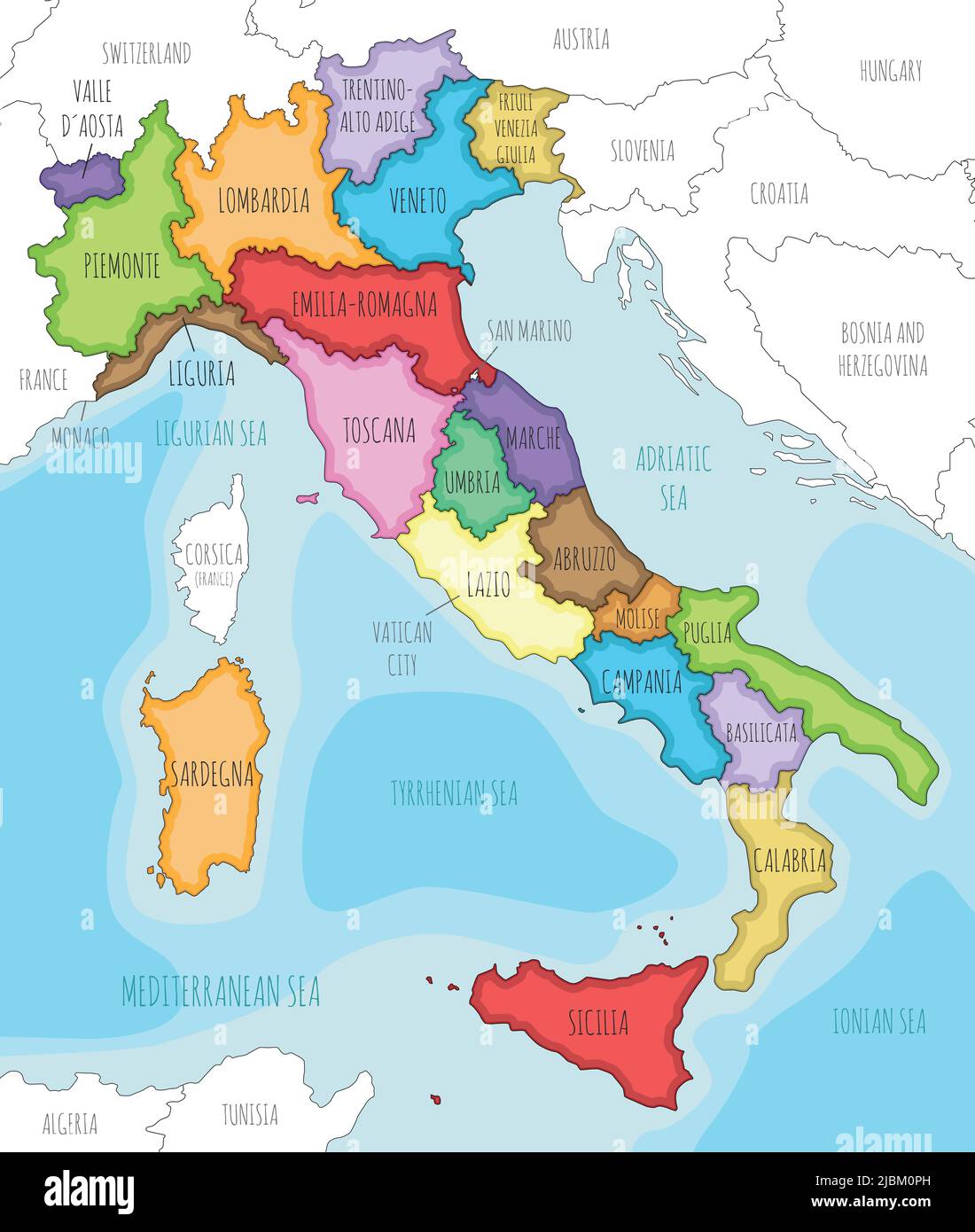 Vector illustrated map of Italy with regions and administrative divisions, and neighbouring countries and territories. Editable and clearly labeled la Stock Vector