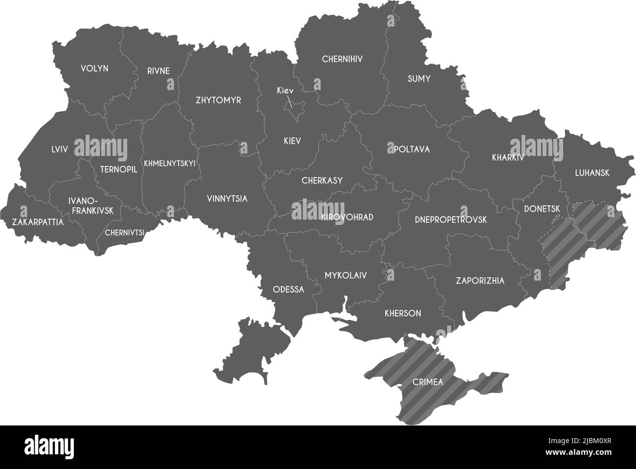 Map of Ukraine with regions, administrative divisions and territories claimed by Russia. Editable and clearly labeled layers. Stock Vector