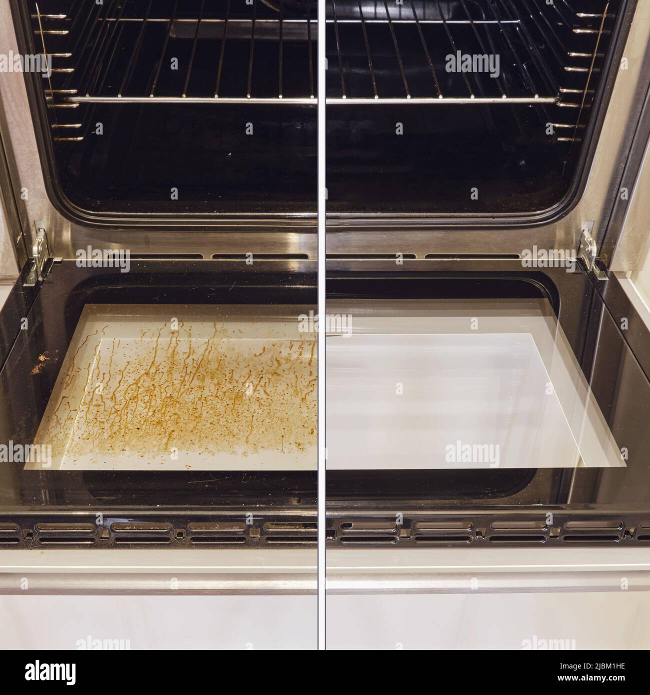Dirty and clean oven, before and after cleaning and washing the stove glass. Washed grease on