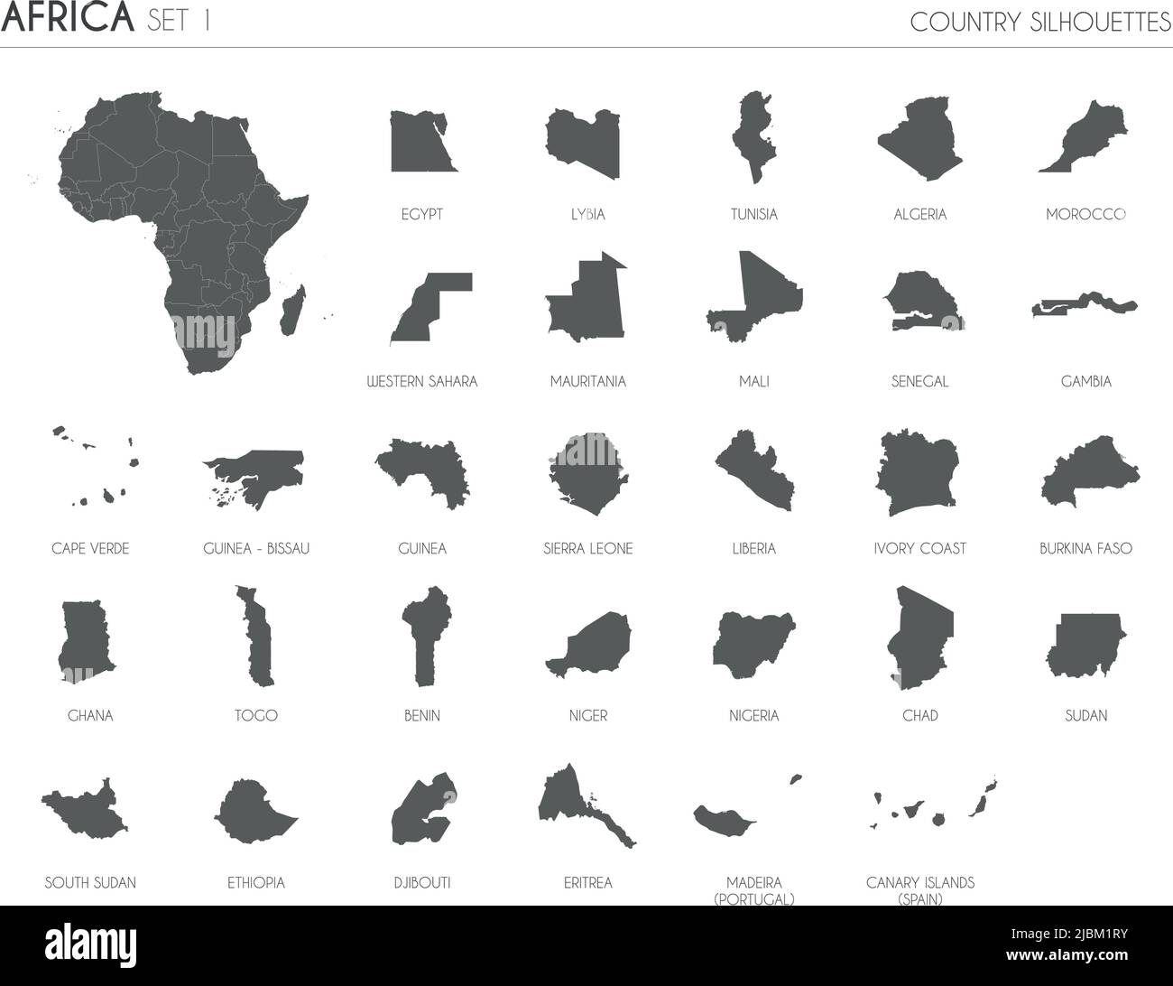 Set of 30 high detailed silhouette maps of African Countries and territories, and map of Africa vector illustration. Stock Vector