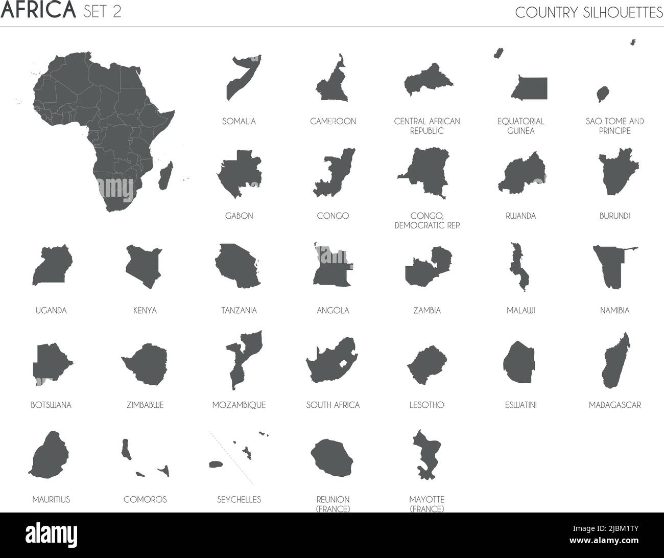 Set of 29 high detailed silhouette maps of African Countries and territories, and map of Africa vector illustration. Stock Vector