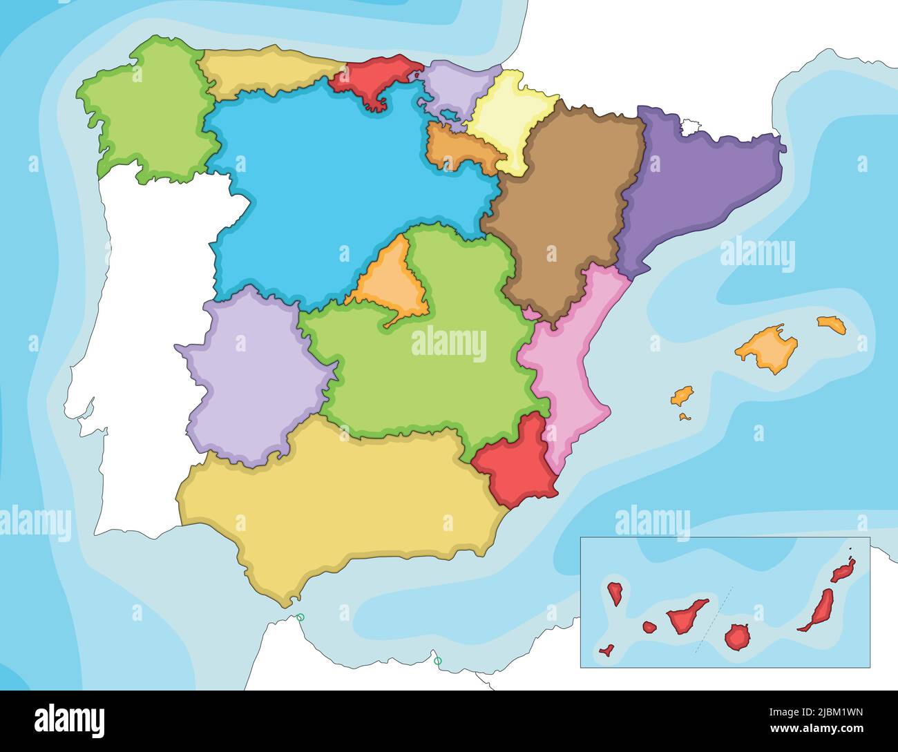 Vector illustrated blank map of Spain with regions and territories and administrative divisions, and neighbouring countries. Editable and clearly labe Stock Vector