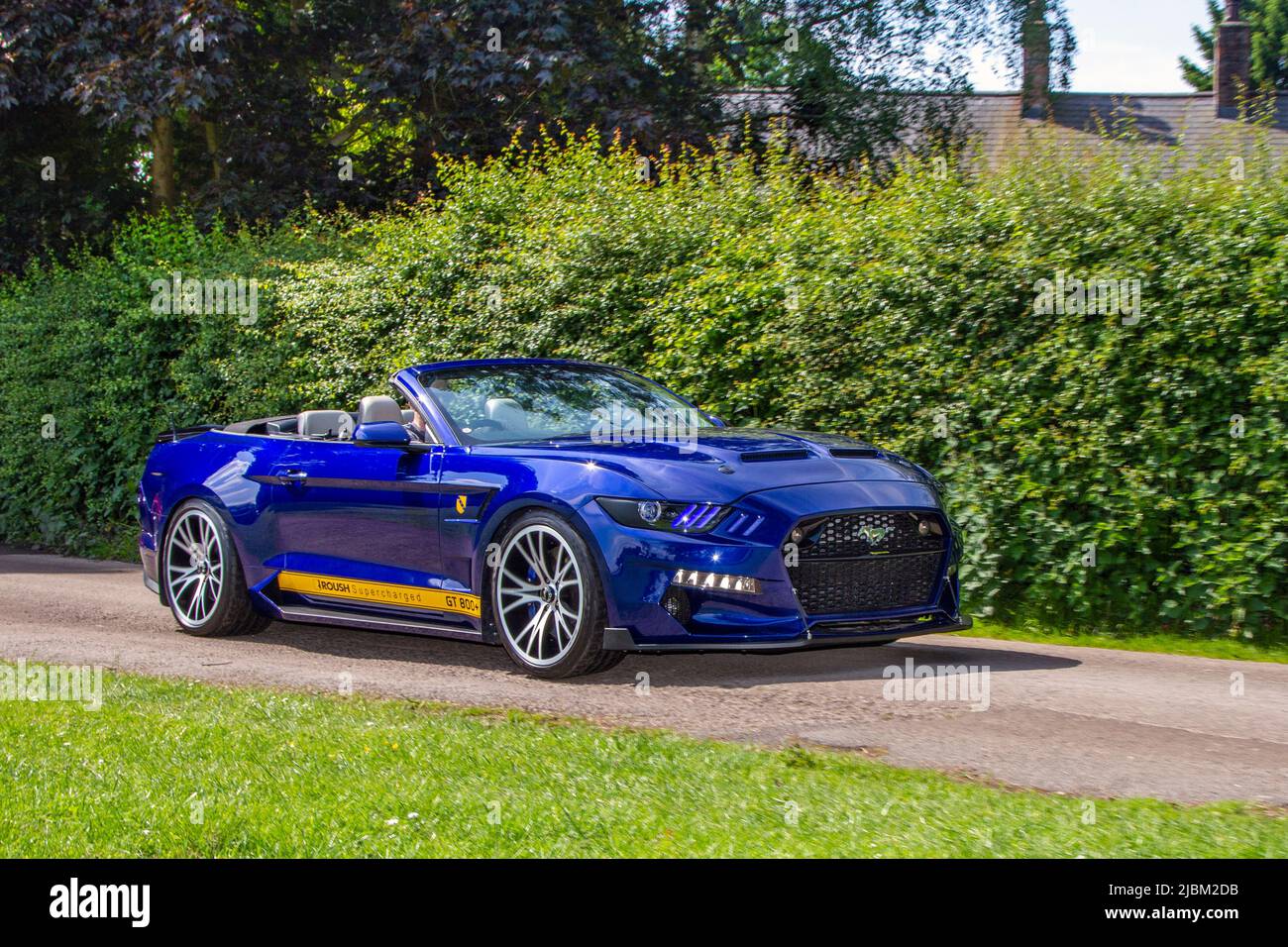 Roush Supercharged GT 800 Ford Mustang, 5.0L engine performance, Stage 2 supercharger V8 muscle car arriving at Worden Park Motor Village, Leyland, UK Stock Photo