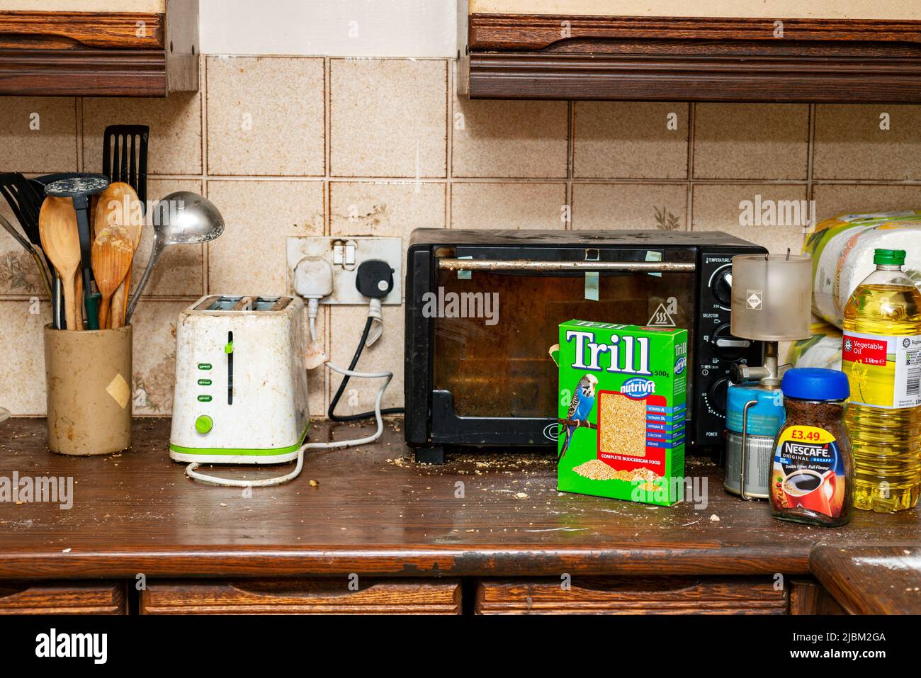 Messy and dirty kitchen worktop Stock Photo