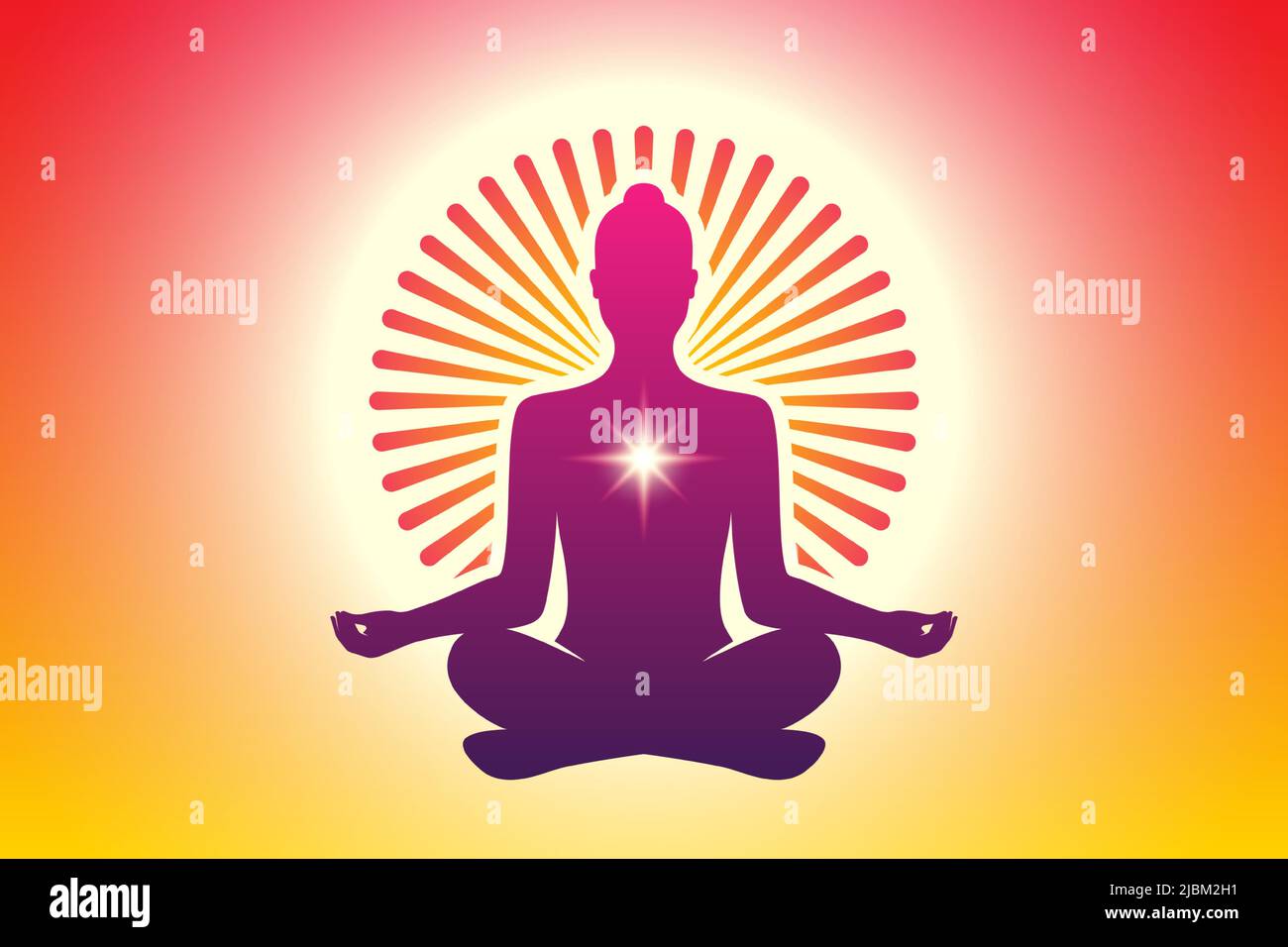 Meditating yoga woman in a lotus pose with a round ornamental sun halo on an orange sky background. Meditation, spiritual, relaxation vector background. Stock Vector