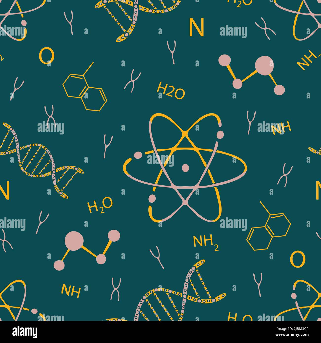Seamless vector pattern with DNA and atom on green background. Simple chemistry wallpaper design. Decorative scientific fashion textile. Stock Vector