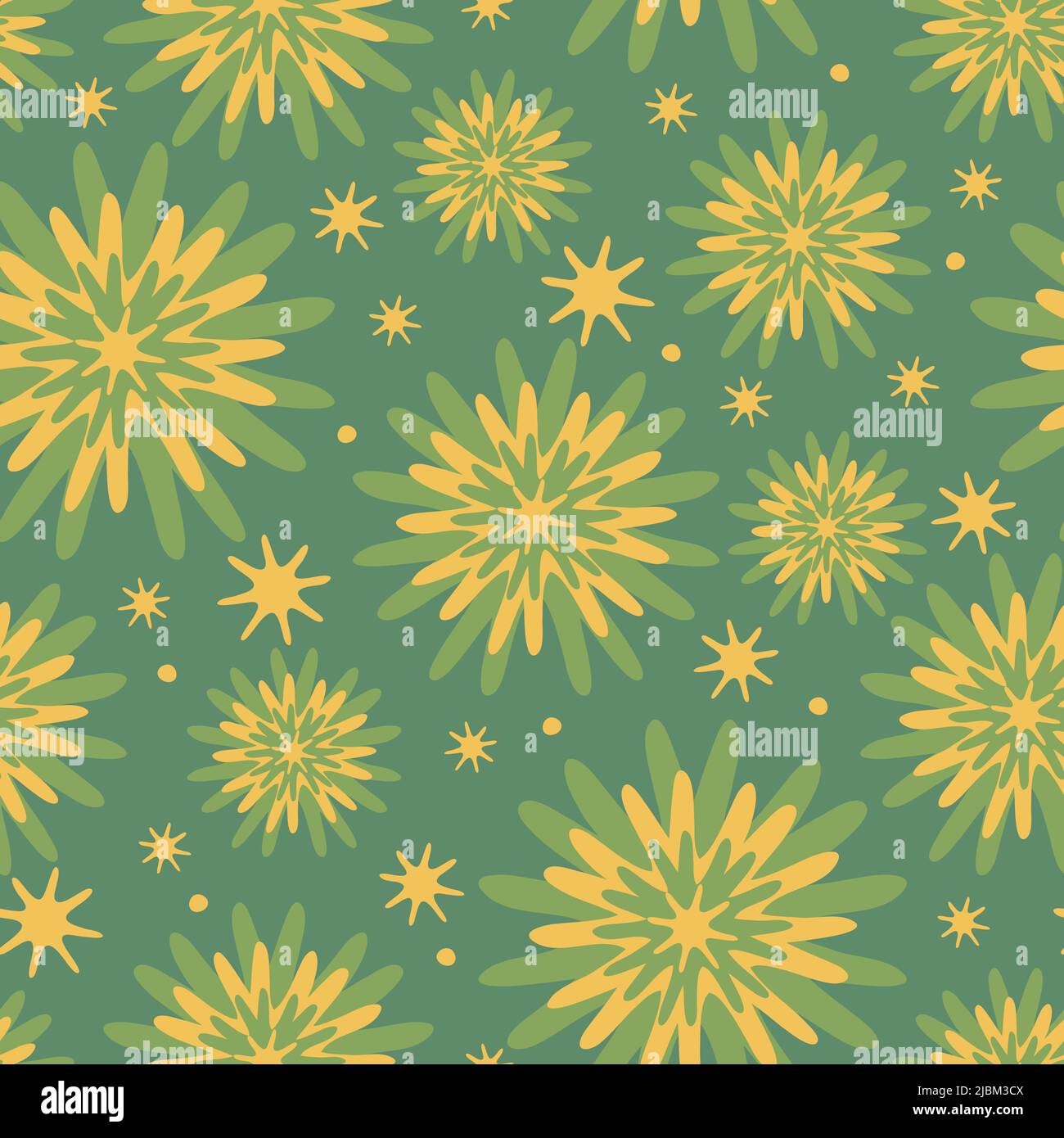 Seamless vector pattern with pastel yellow flower blooms on green background. Tie dye floral decorative wallpaper design. Stock Vector