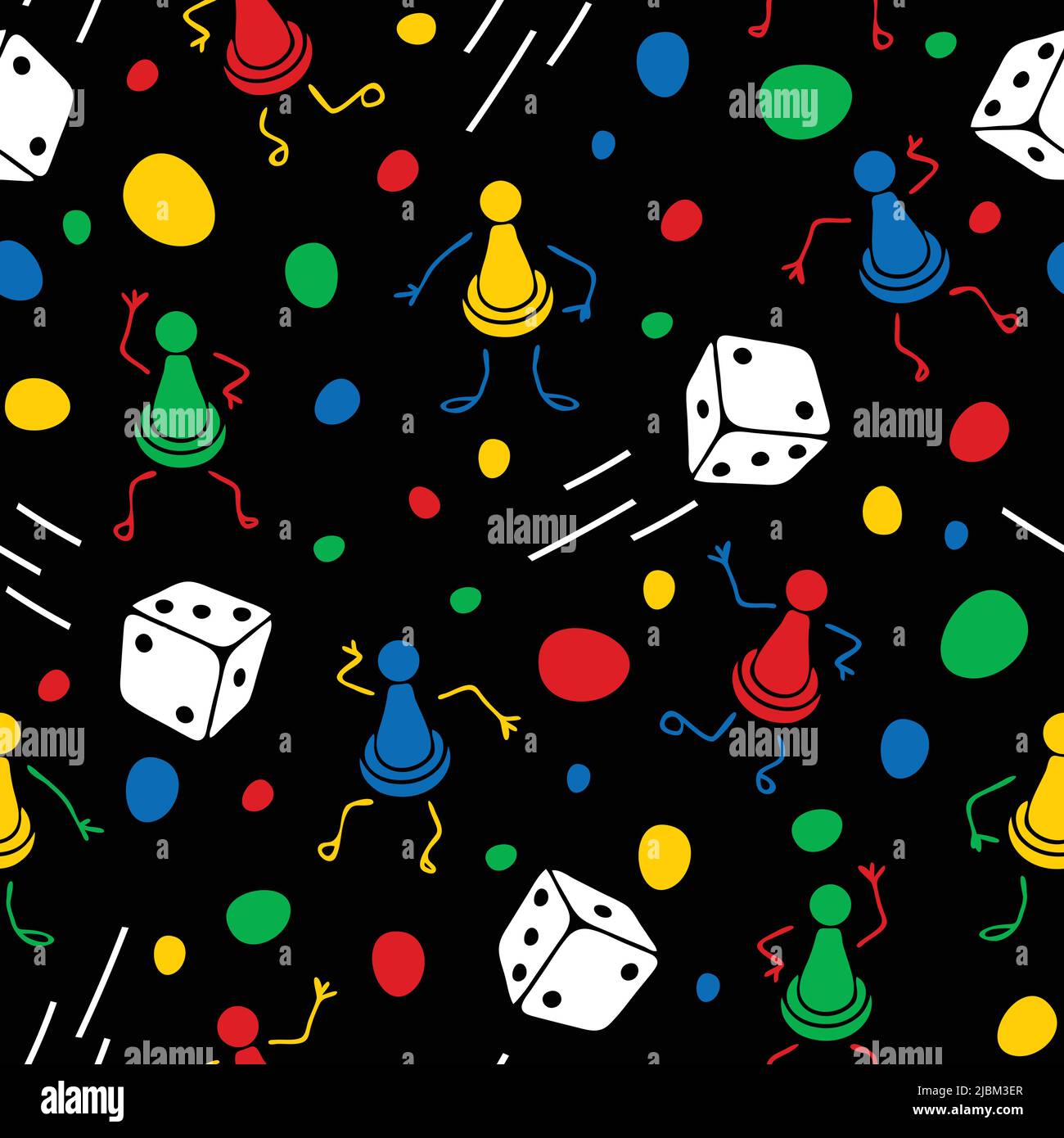 Seamless vector pattern with dice and game piece on black background. Fun cartoon leisure wallpaper design with dots. Stock Vector