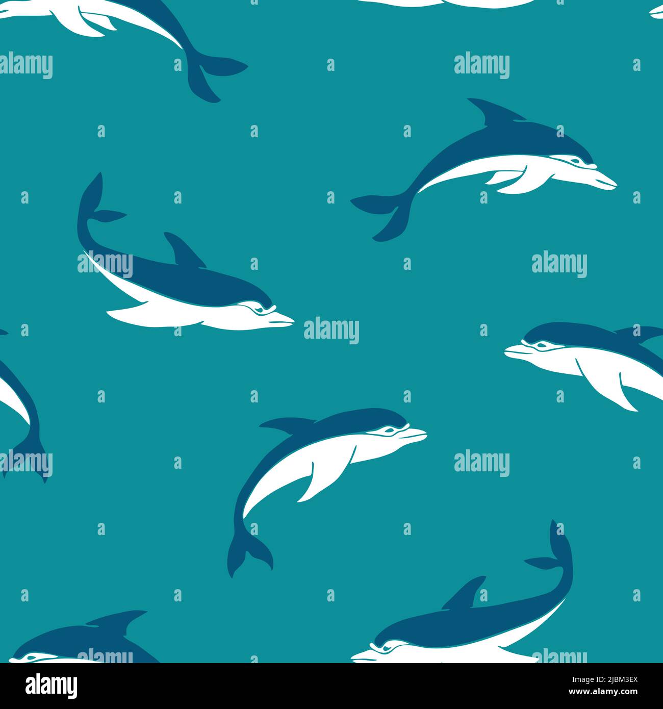 Seamless vector pattern with hand drawn dolphins on teal blue background. Simple summer fish wallpaper design. Decorative underwater fashion textile. Stock Vector