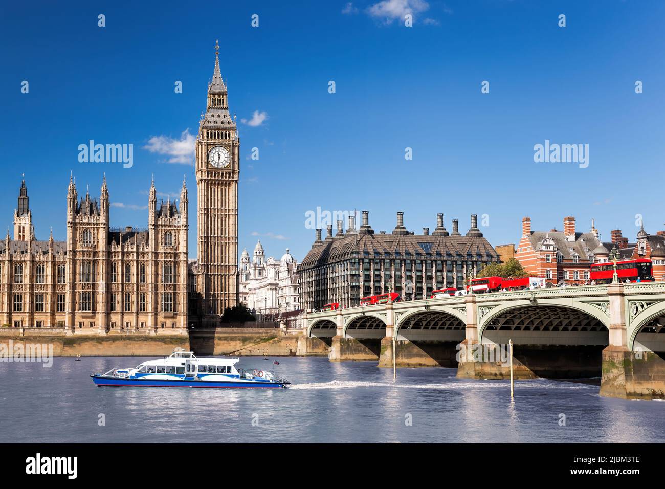 Famous Big Ben with bridge over Thames and tourboat on the river in