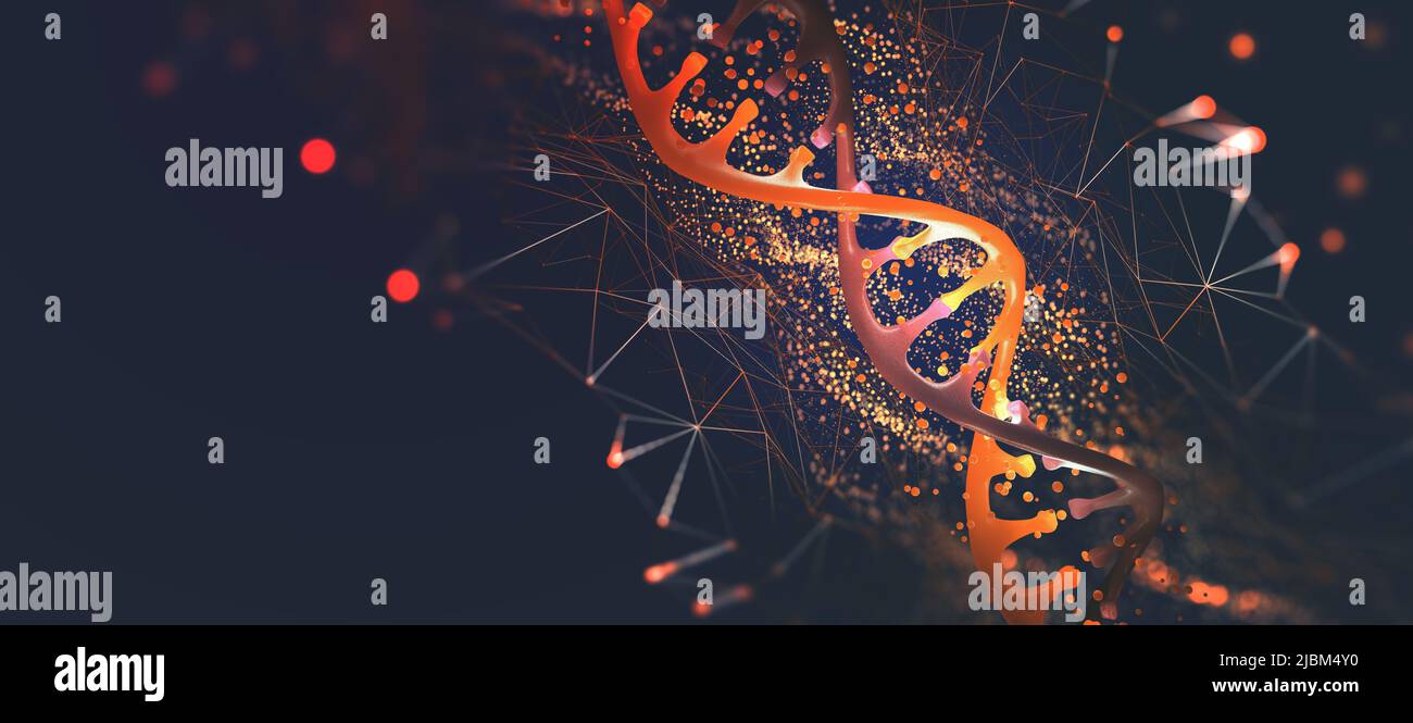 DNA helix 3D illustration. Mutations under microscope. Decoding genome. Virtual modeling of chemical processes. Hi-tech in medicine Stock Photo