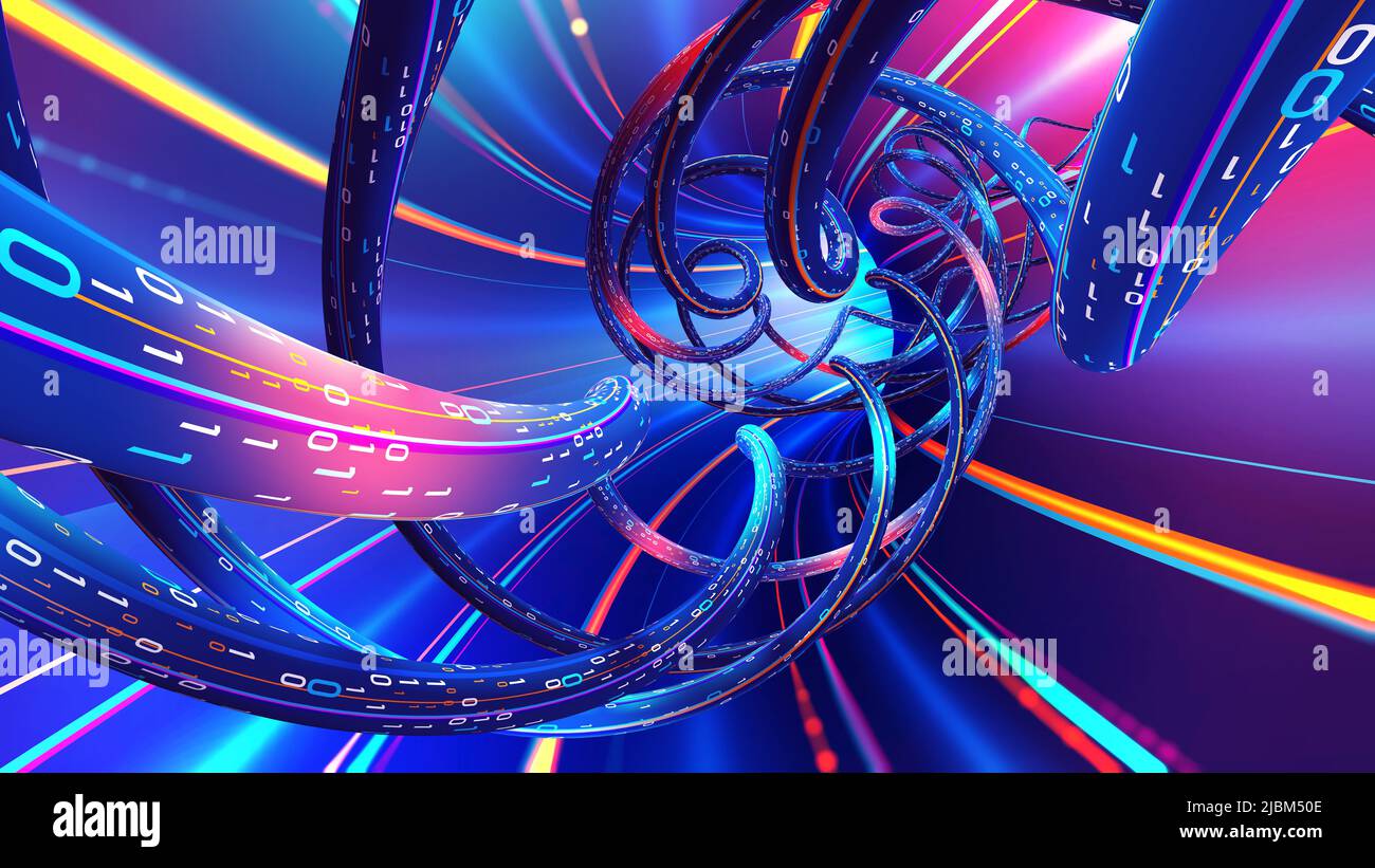Cyber portal of streaming data. High-speed Internet and high-tech business. 3D illustration of a big data vortex field. Neon tunnel of time funnel Stock Photo