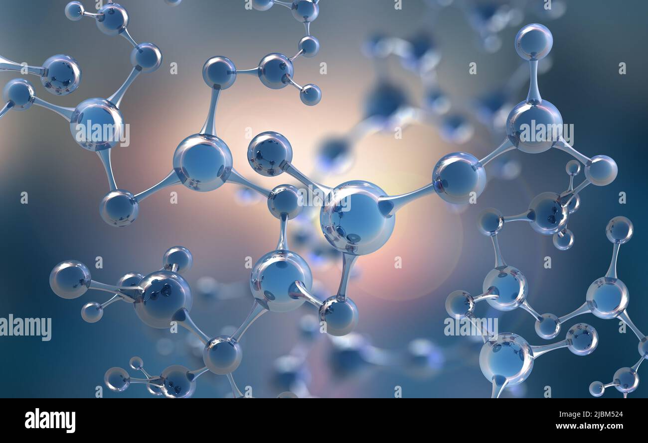 Abstract molecule model. Scientific research in molecular chemistry. 3D illustration on a blue background Stock Photo