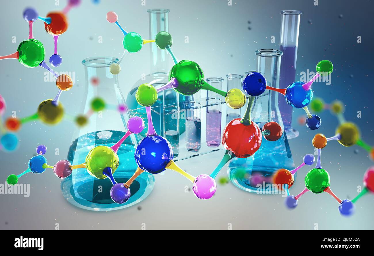 Chemical laboratory. Molecular research in modern science. 3D illustration of a molecule, flasks and tubes Stock Photo