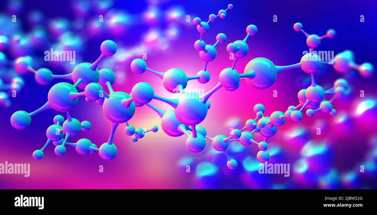 Bright, purple, neon. Science background with molecule. Abstract atomic structure for Science or medical background. Nanotechnology 3D illustration Stock Photo