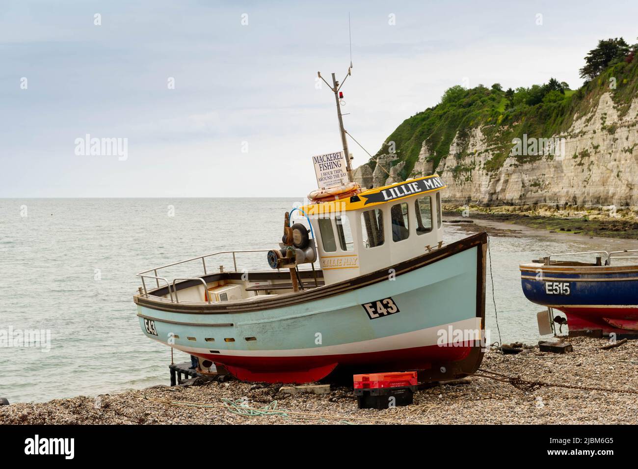 Mackerel Fishing boats on the beach at Beer, Devon, England Stock Photo