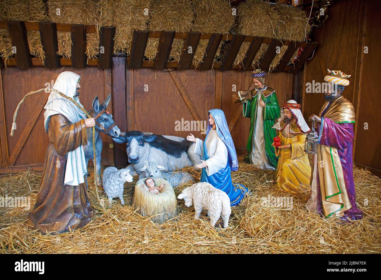 Birth of jesus christ as a nativity scene, Christmas market in Trier, Rhineland-Palatinate, Germany, Europe Stock Photo