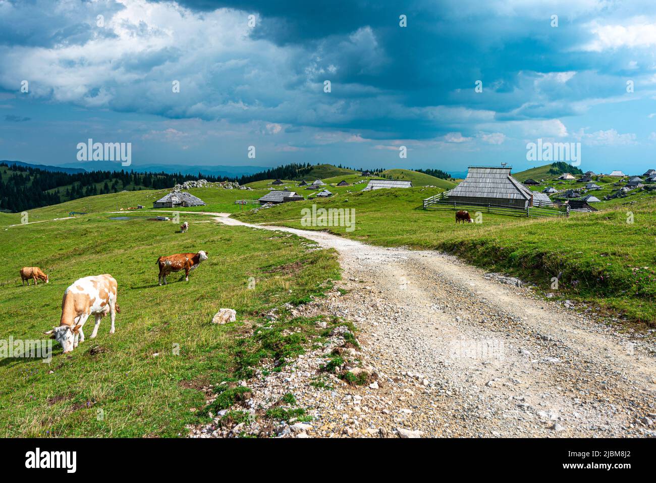 The panoramic And sunset view of sight seeing in Velika Planina, Slovenia country. Stock Photo