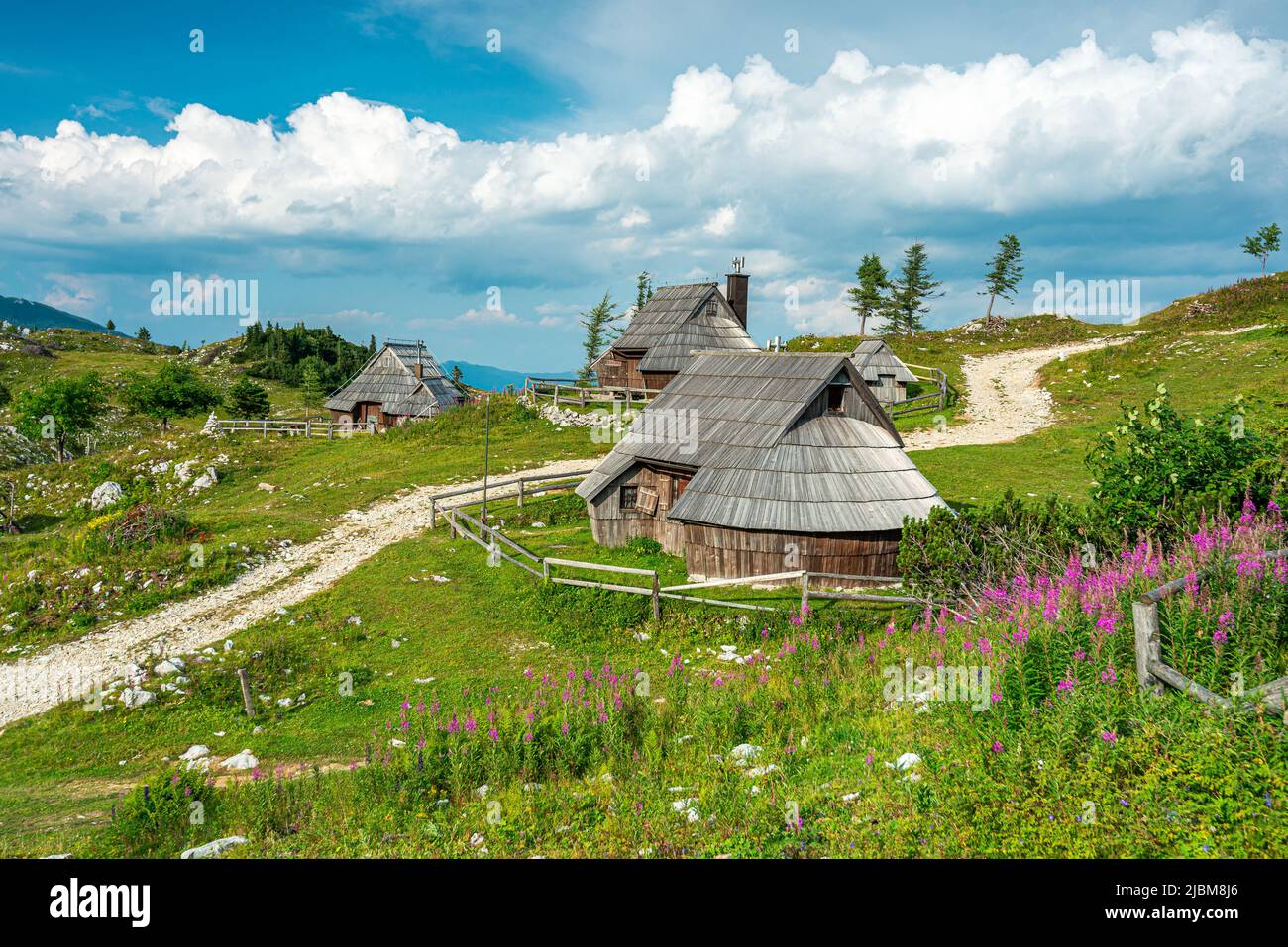 The panoramic And sunset view of sight seeing in Velika Planina, Slovenia country. Stock Photo