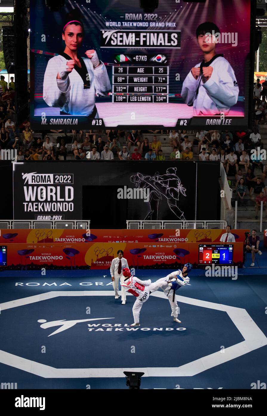 Taekwondo ground and banner with fighter in action . World Taekwondo championship, Rome, Italy, june 4 2022 Stock Photo
