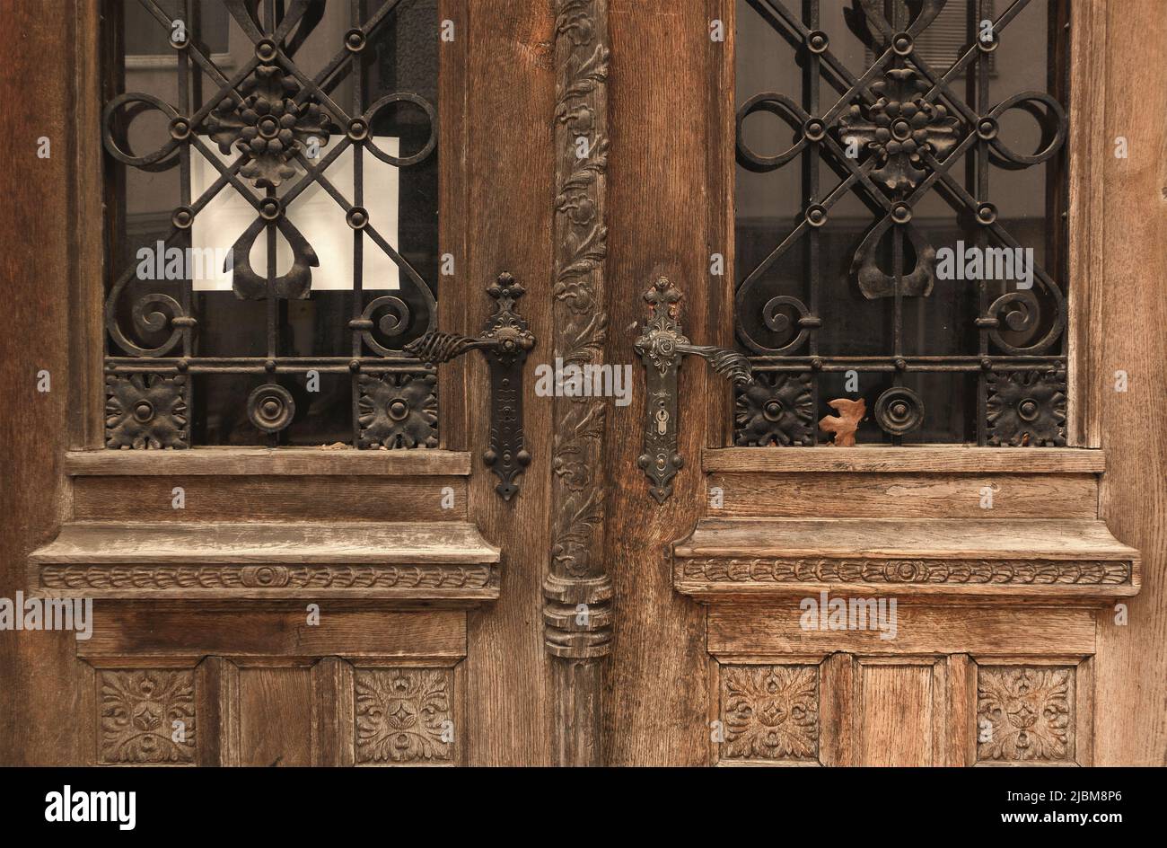 The exterior of the old wooden decorated door. View on the details. Stock Photo