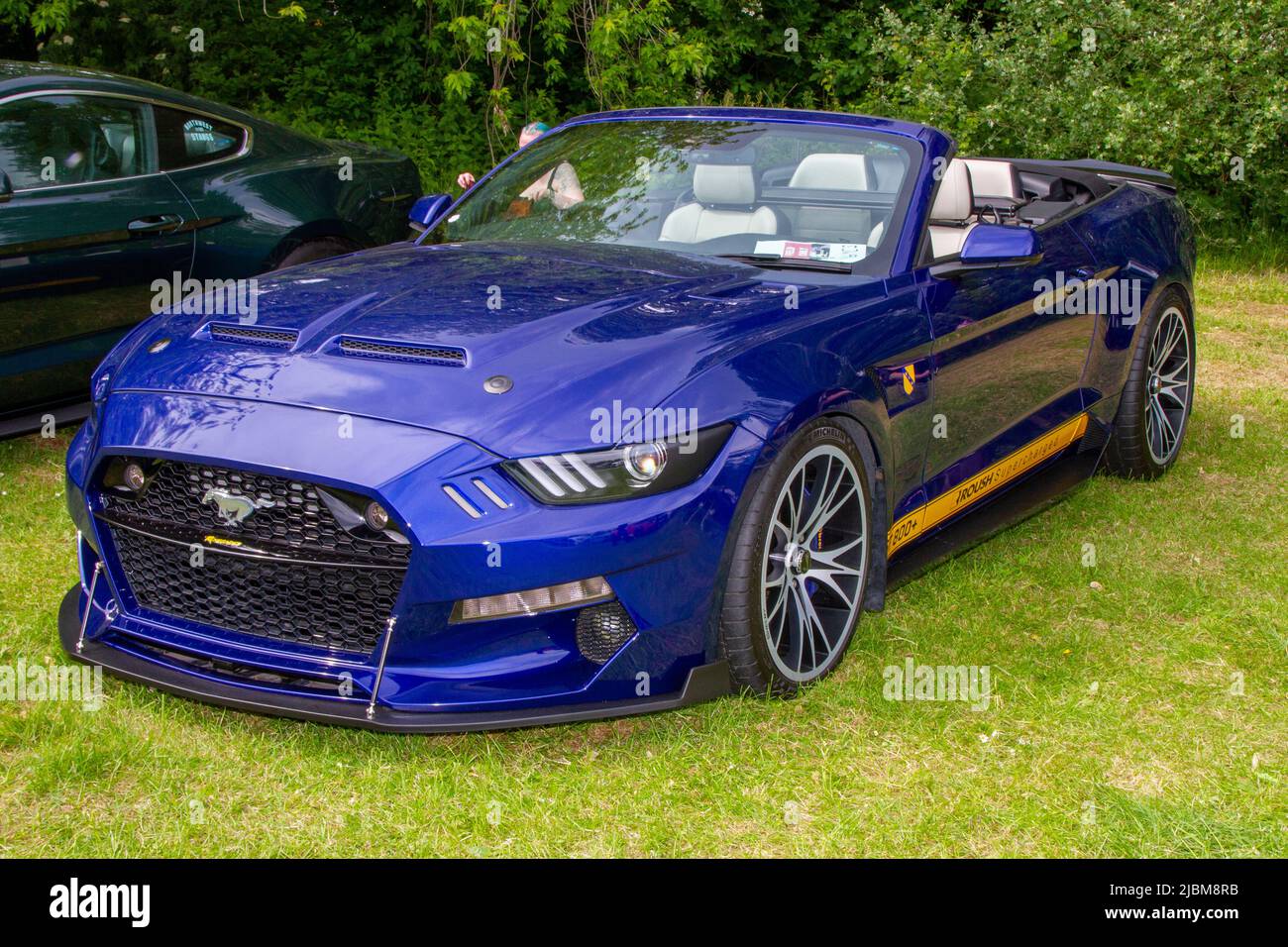 Roush Supercharged blue GT 800 Ford Mustang, 5.0L engine performance, Stage 2 supercharger V8 muscle car at Worden Park Motor Village, Leyland, UK Stock Photo