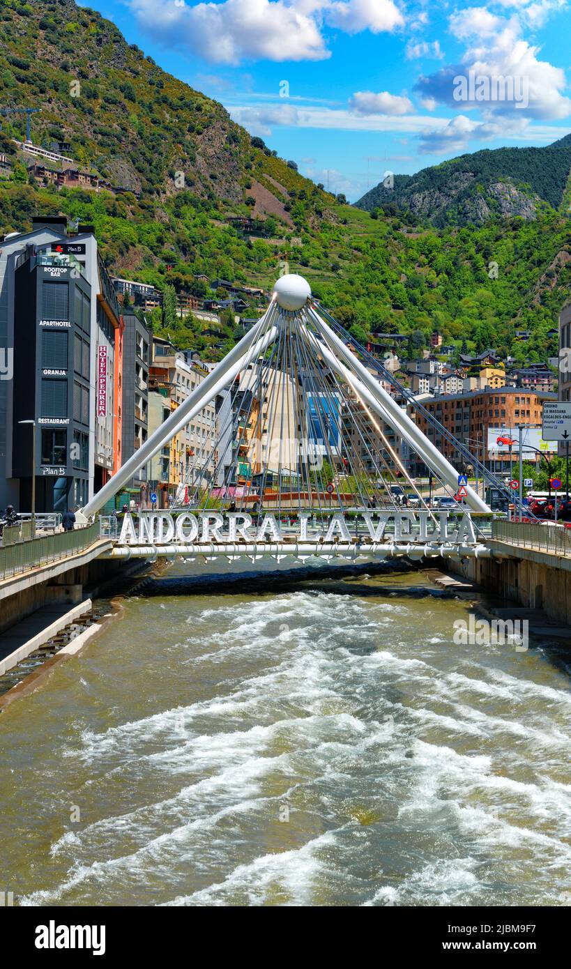 Andorra la Vella, Principality of Andorra - May, 29 2019: Scenic cityscape of Andorra la Vella city center with a Pont de Paris bridge and modern hous Stock Photo