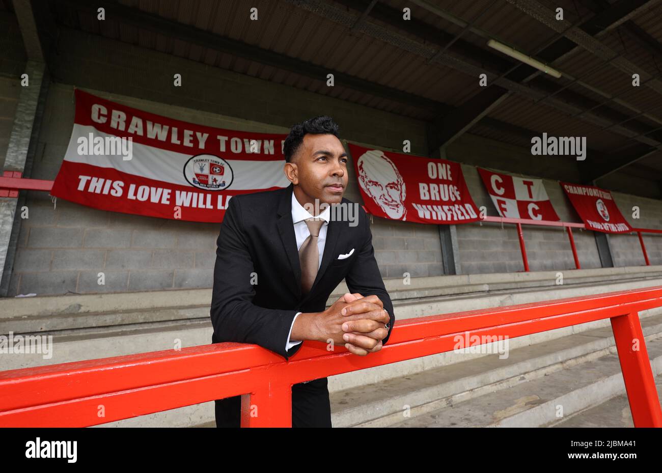 Crawley, UK. 7th June, 2022. Crawley Town Football Club's new manager Kevin Betsy and his assistant Dan Micciche at the Broadfield Stadium. Credit: James Boardman/Alamy Live News Stock Photo