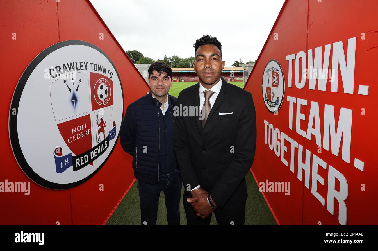 Crawley, UK. 7th June, 2022. Crawley Town Football Club's new manager Kevin Betsy and his assistant Dan Micciche at the Broadfield Stadium. Credit: James Boardman/Alamy Live News Stock Photo