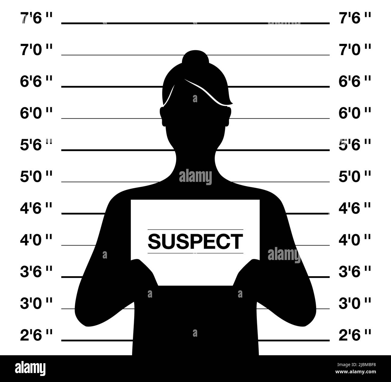 Female suspect mugshot, vector illustration. Anonymus woman standing on a criminal photo shooting background. Stock Vector