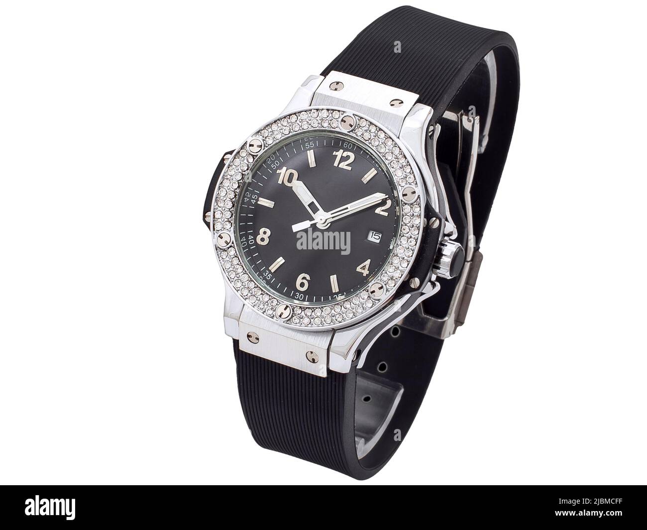 women's wrist watch with a rubber strap and a steel dial encrusted with precious stones and diamonds, a luxury object isolated on a white background, Stock Photo