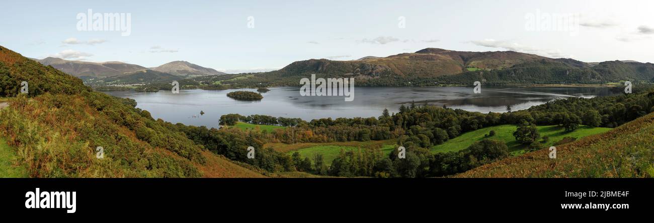 Panoramic view across Derwent Water from near Brandlehow in the Lake District Cumbria UK Stock Photo